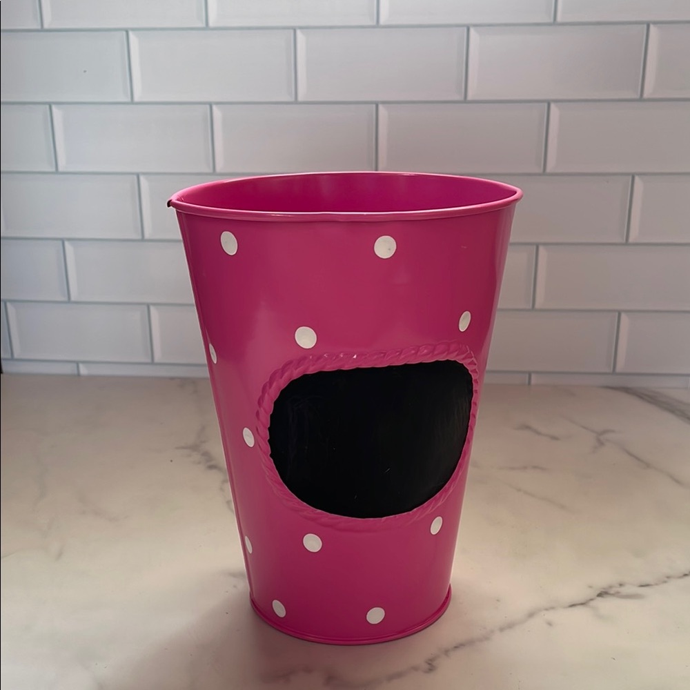 Pink Polka Dot Waste Bin - Metal Bucket - Chalkboard Container